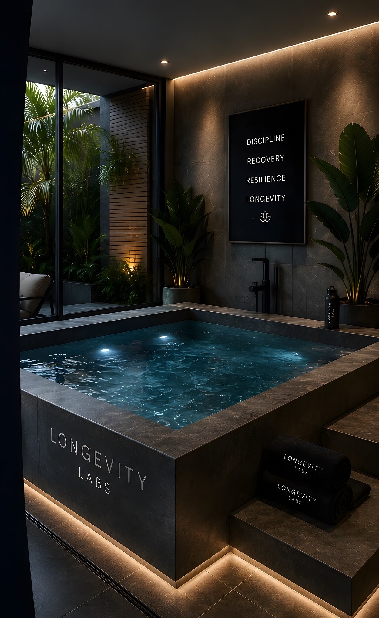 Modern indoor cold plunge with stone surround