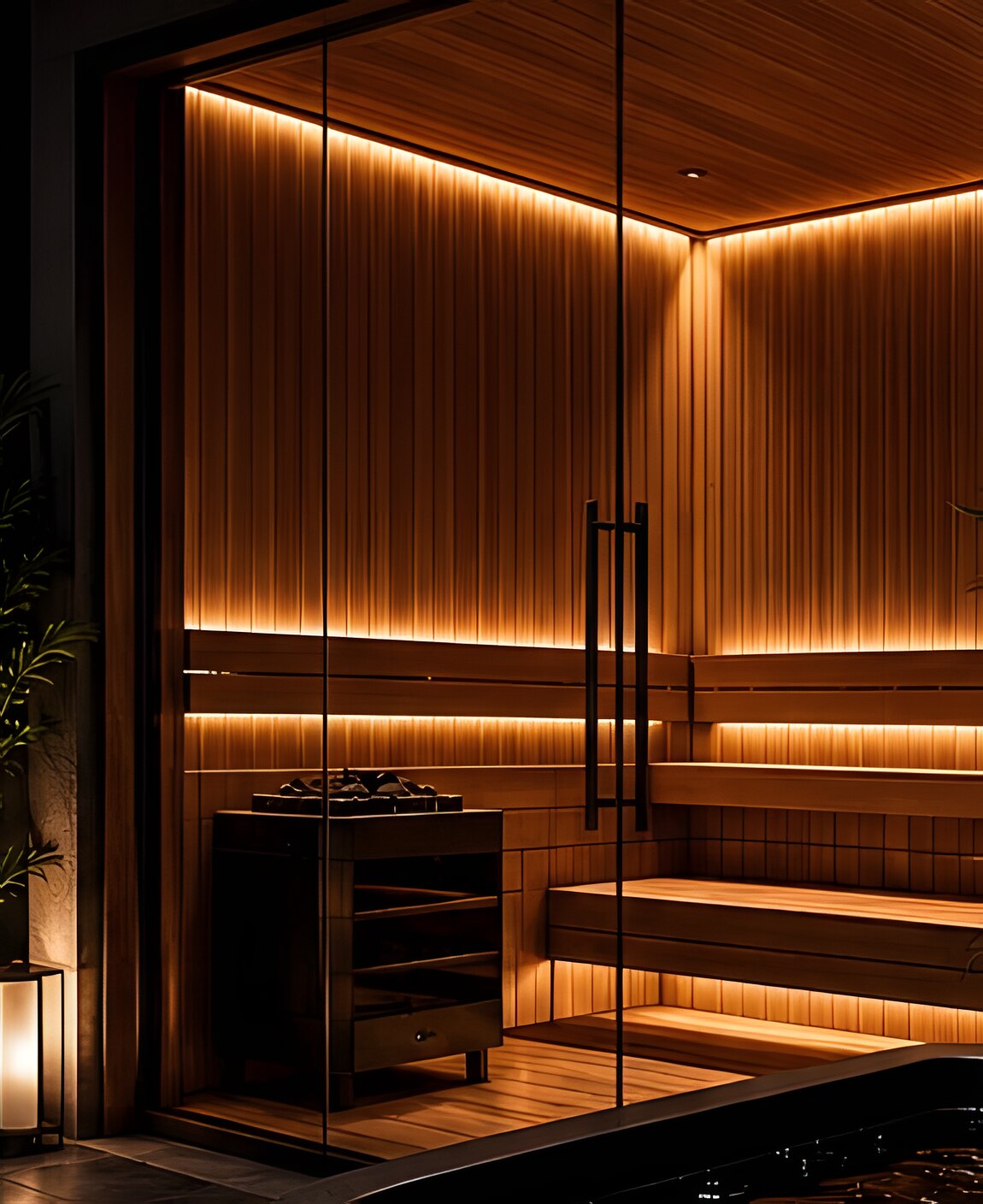 Custom traditional sauna with warm wood and ambient lighting